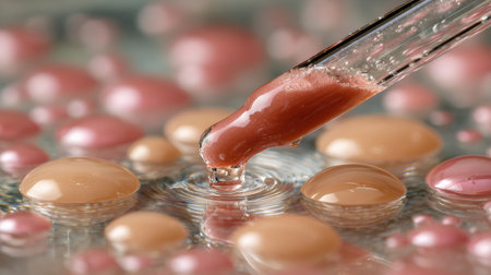 A droplet falls into a surface covered with various colored spheres, showcasing fluid interactions during the action.の素材