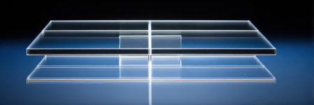 A clear acrylic display stand is set against a dark background, highlighting its sleek design and geometrical shapes.の素材