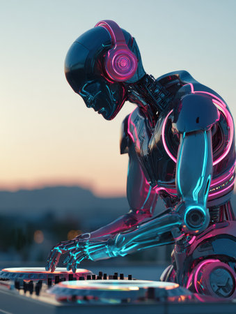 A robotic DJ mixes tracks against a vibrant sunset, showcasing glowing features and an urban skyline in the background.の素材