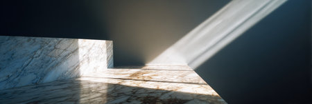 Soft light reflects off a polished marble surface in a calm, minimalist environment creating an elegant atmosphere.の素材