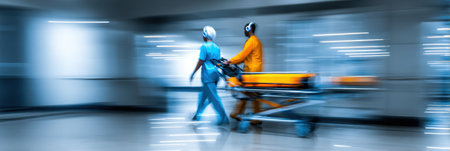 Two emergency medical technicians hurry with patient on a gurney down a brightly lit hallway to emergency care.の素材