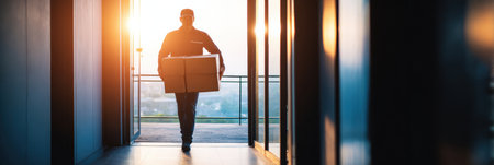 A delivery person walks through a hallway during sunset, carrying packages and heading toward an open balcony.の素材