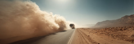 A truck drives through a dusty desert landscape, creating a cloud of dust behind it on a clear, sunny day.の素材
