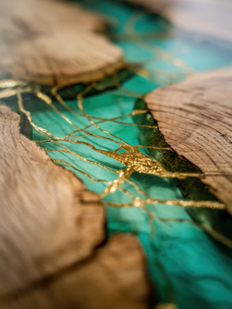 Stunning wooden surface with turquoise resin and gold accents, showing exquisite woodworking artistry.の素材