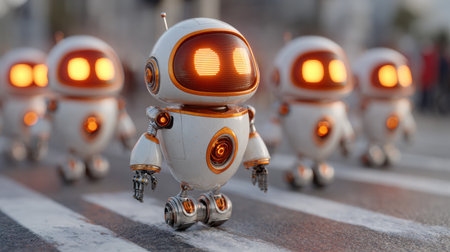 Tiny robots with glowing orange eyes cross the street, showcasing advanced robotics in a busy city.の素材