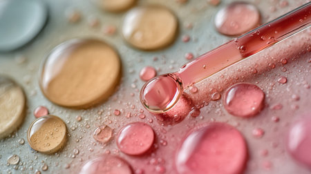 Colorful droplets gather on a smooth background, showing stunning variations and reflections of light.の素材