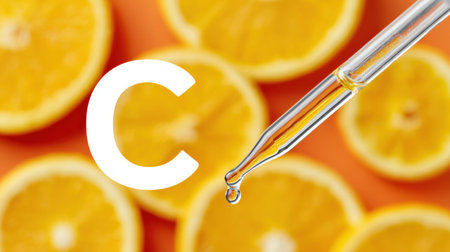 Bright citrus slices surround a dropper filled with vitamin C, emphasizing health and freshness in a lively arrangement.の素材