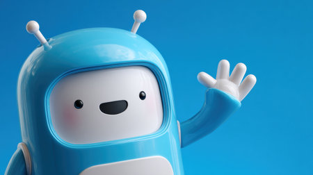 A cheerful blue robot with a smiling waves enthusiastically, spreading joy in a vibrant setting.の素材
