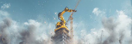 A robotic arm constructs a high-rise building amidst flying debris and clouds on a busy construction site.の素材