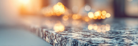 Granite countertop reflects warm sunlight while soft bokeh creates a tranquil atmosphere in a cozy setting.の素材