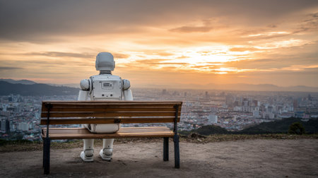 A robot appears thoughtfully seated on a bench, gazing at a vibrant sunset over a sprawling urban landscape.の素材