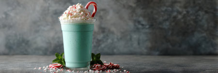 Mint milkshake topped with whipped cream and candy canes on a textured gray surface for the holidays.の素材