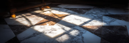 Sunlight creates intriguing shapes on the marble floor, blending light and shadows from nearby objects.の素材
