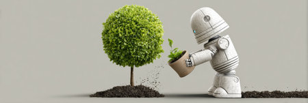A cute robot is tending to a small plant, showing a blend of nature and technology in a simple and bright space.の素材