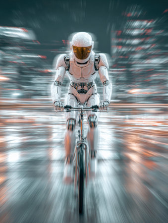 A robotic figure bikes through a vibrant city at night, with blurred lights enhancing the thrill of speed.の素材