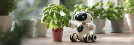 A small robot engages with a basil plant while surrounded by other greenery in a sunlit indoor space.の素材