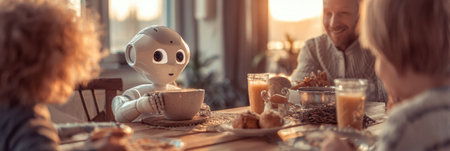 A cheerful robot sits at a family dinner table, observing as everyone enjoys their meal during a cozy sunset.の素材