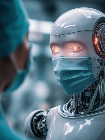 A masked humanoid robot interacts with a healthcare worker in a tech-filled medical setting.の素材
