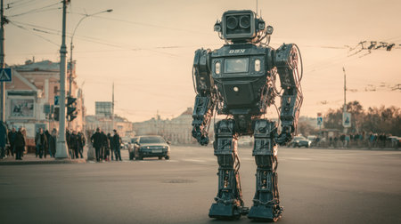 A robot stands at a busy street crossing at sunset, surrounded by pedestrians and vehicles in an intriguing scene.の素材