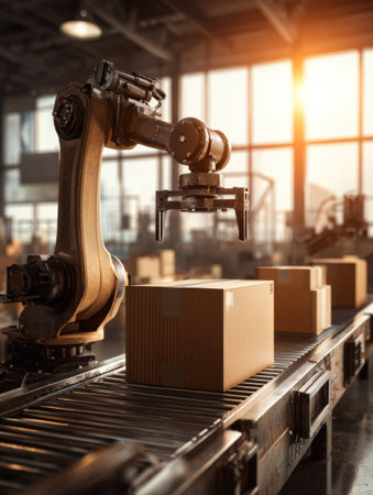 A robotic arm moves boxes on a conveyor belt in a busy warehouse at sunset, increasing efficiency.の素材