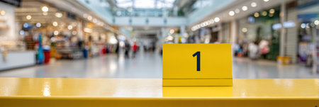 A bright yellow number one marker stands out in a busy shopping mall filled with shoppers and vendors.の素材