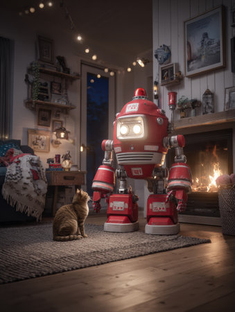 A charming robot engages with a cat in a warm and inviting living room filled with soft lighting and a cozy atmosphere.の素材
