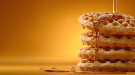Golden waffles stacked neatly, drenched in syrup create a delicious breakfast ambiance with warm lighting.の素材