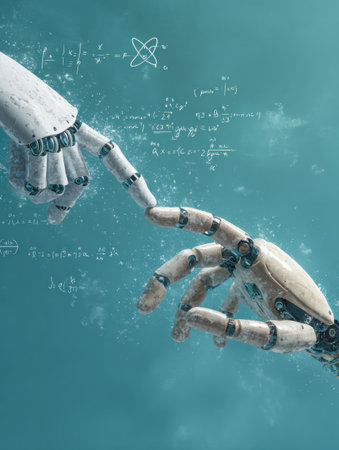 Two robotic hands reach for each other, surrounded by equations, symbolizing the blend of technology and humanity.の素材