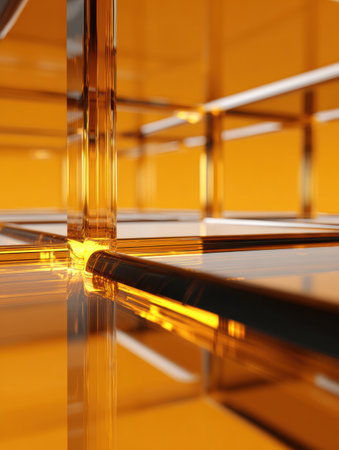 Transparent elements arranged in a grid pattern, reflecting warm orange light and showing geometric forms.の素材