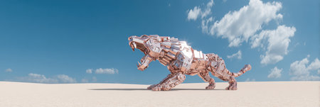 A metallic tiger sculpture stands majestically in a desert, its fierce expression set against a bright blue sky.の素材
