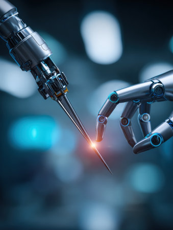 Futuristic robotic hands reach out, symbolizing AI and tech progress in a high-tech setting.の素材