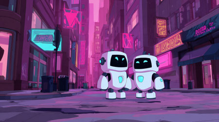 Animated robots explore a lively, neon-lit urban area, surrounded by colorful signs and empty streets at night.の素材