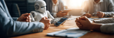 A humanoid robot joins a group of professionals for a discussion at a modern conference table during a business meeting.の素材