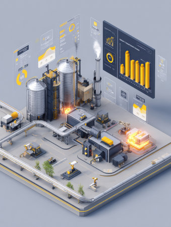 A modern factory featuring processing equipment, digital displays, and automated machinery in action.の素材