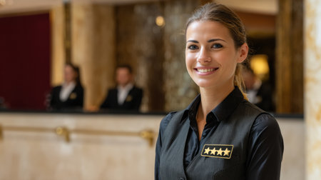 Friendly hotel staff greets guests at the reception with warm smiles in a luxurious lobby setting.の素材