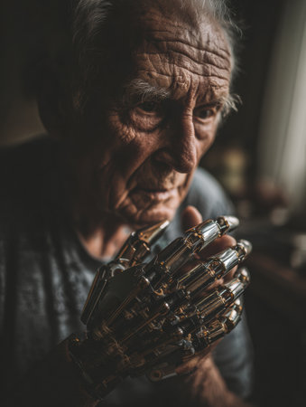 An elderly man contemplates quietly in a softly lit space while gripping a futuristic robotic hand.の素材