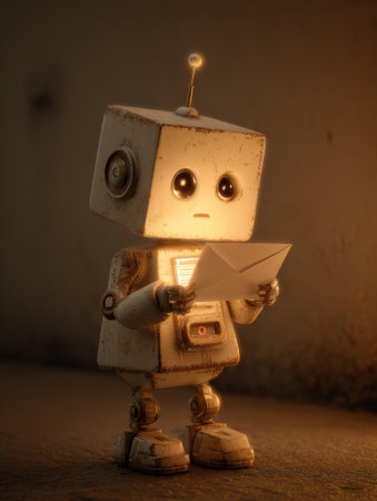 A small robot with round eyes reads a letter in a softly lit area, filled with shadows, showing intrigue.の素材