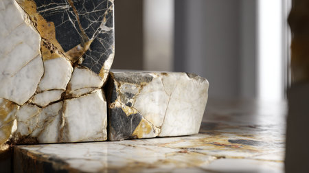 Intricate details of polished stone highlight unique patterns and colors in a contemporary design space during daylight.の素材