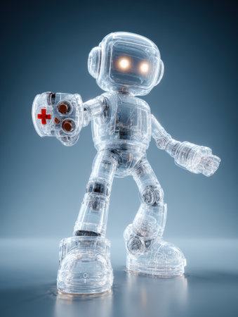 A glowing-eyed robot holds a gaming controller, showcasing creativity in toy design and tech.の素材