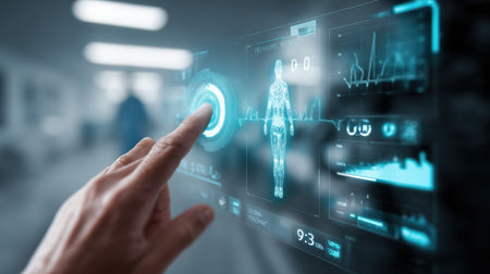 A hand interacts with a high-tech touchscreen showing health data and a digital human figure in a medical environment.の素材