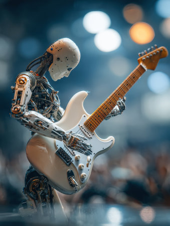 Robot musician mesmerizes the crowd with an electric guitar in a colorful concert atmosphere.の素材