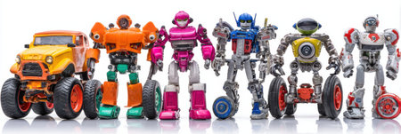 Colorful robots and a vintage truck showcase their playful designs in a fun display.の素材