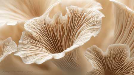 Detailed observation of mushroom gills reveals intricate lines and textures, highlighting the beauty of natures design.の素材