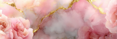 Delicate pink roses stand out against a soft marble backdrop with gold veins, creating a sophisticated design.の素材