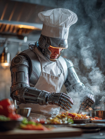 A robot chef skillfully creates a gourmet meal in a busy restaurant kitchen, merging technology and culinary art.の素材