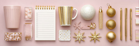 Festive decorations and stationery on a soft pink background boost workspace aesthetics and creativity.の素材