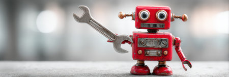 A bright red robot holds a wrench, ready to assist in repairs against an out-of-focus industrial setting.の素材