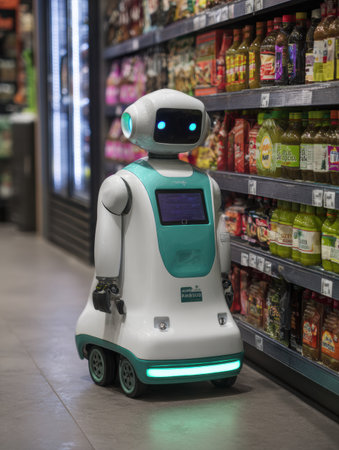 A white and teal robot navigates a grocery store aisle, scanning shelves stocked with various products.の素材