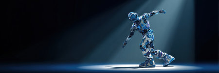 Robot dazzles with dance moves in a spotlight, showcasing advanced tech and unique design in a futuristic scene.の素材