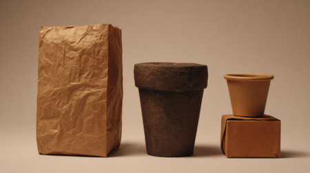 Showcase various plant pots and packaging materials, highlighting their textures and colors in a simple display.の素材